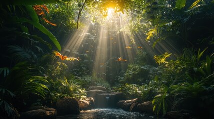 Obraz premium Sunbeams pierce lush jungle canopy, illuminating a tranquil stream flowing over rocks