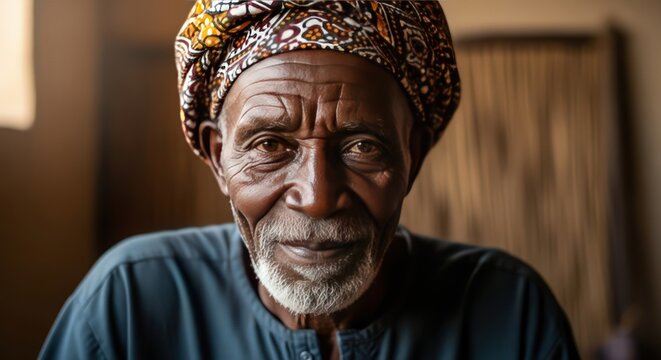Portrait of a wise old African man wearing a traditional turban, close-up, cultural heritage