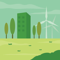 Building trees windmills and a grassy field.