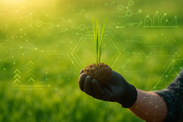 AI generated symbolic concept of smart agriculture showing gloved hand holding young rice seedling with glowing digital overlay highlighting data driven precision farming and sustainable future
