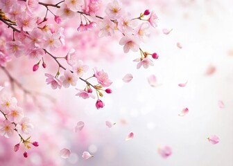 Naklejka premium delicate pink cherry blossom petals falling from branch on a soft white background