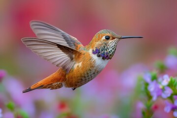 Fototapeta premium A Swift Hummingbird Soars Through a Burst of Spring Flowers CloseUp View of Natures Tiny Marvel Capturing the