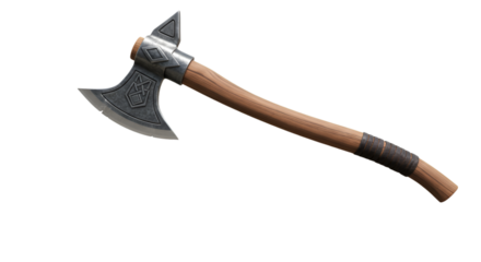 Detailed Realistic Axe Illustration with Steel Blade and Wooden Handle Isolated on Black Background