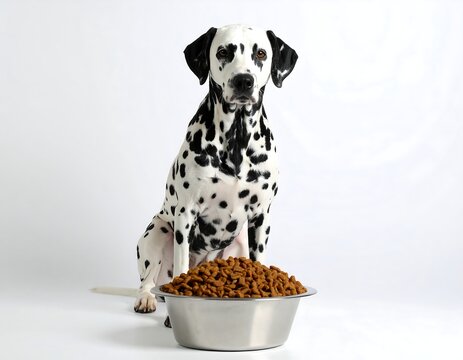 Dalmatian dog sits before bowl of food