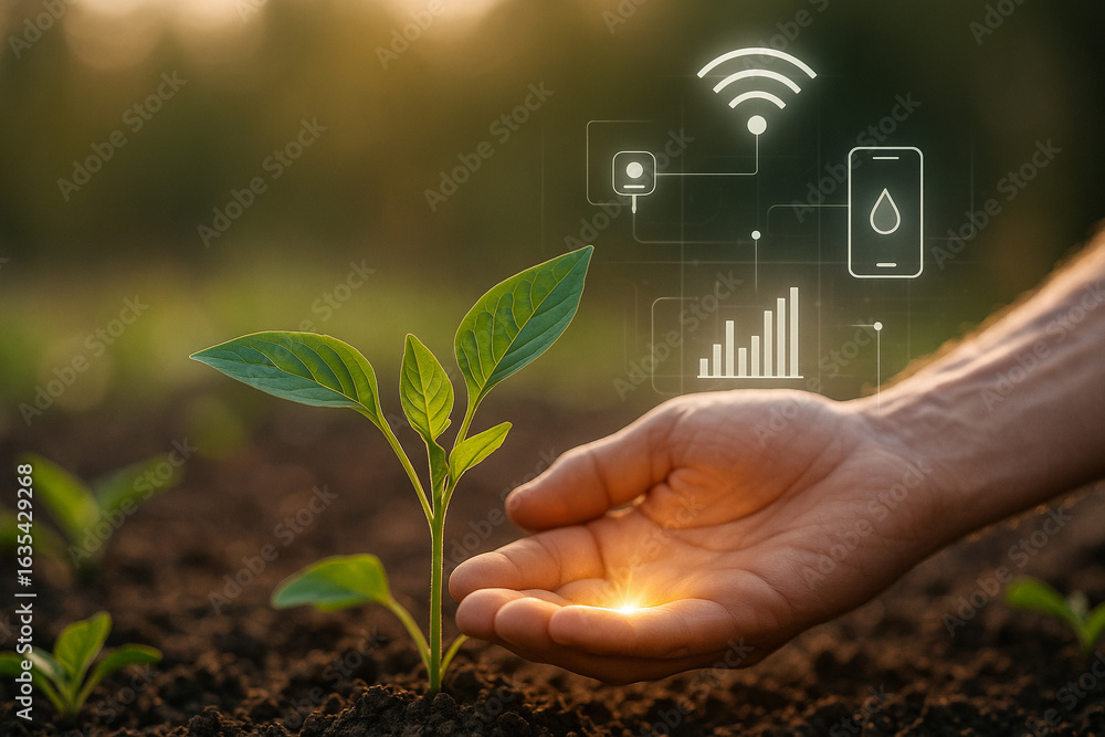 Poster ai generated ultra realistic photo of a hand nurturing a glowing seedling with digital iot interface