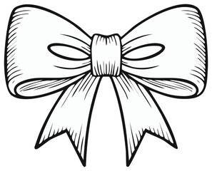 Decorative bow illustration, hand drawn, black outline isolated on white.