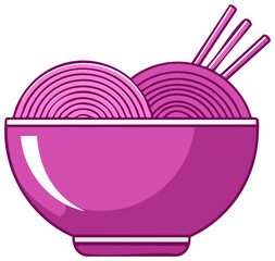 A vibrant cartoon illustration of a purple bowl filled with pink noodles and chopsticks ready for a delicious meal