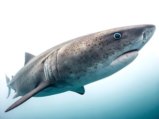 Fototapeta premium Macro image of a Greenland shark swimming forward slowly, rough skin and dull coloration shown with side light, mysterious eye visible, isolated on transparent white — deep ocean relic.