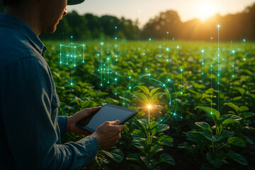 AI generated futuristic smart farming scene showing a farmer using digital tablet in green field with glowing holographic cubes and data network elements
