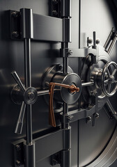 Photo of close up of a vintage bank vault door with intricate locking mechanism and a sense of security