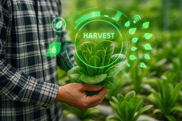 AI generated smart farming scene showing a farmer holding fresh green lettuce with glowing digital interface overlay highlighting harvest and sustainable agriculture in modern data driven system