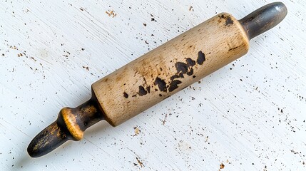 close-up of wooden rolling pin angled diagonally on clean white surface, sharp detail on wood grain and polished finish taken with 50mm lens