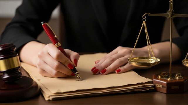 A womans hand with red nails writes with a red pen on a document next to a wooden gavel and a brass scale of justice