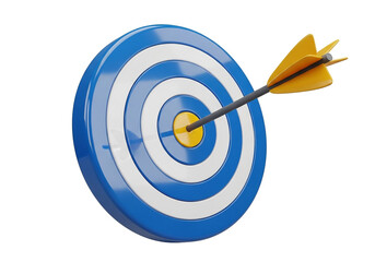 Photo of an arrow hits the bullseye of a blue and white target representing success and achievement in business and personal goals