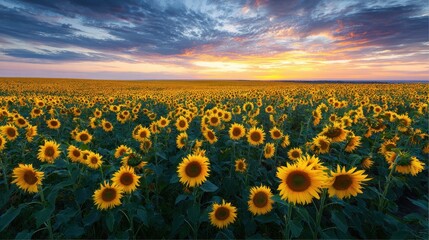 Sunset over a vast sunflower field, idyllic rural landscape, agriculture, summer