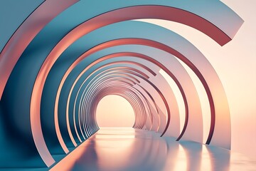 Obraz premium Abstract tunnel with repeating arches in blue and peach leading to a bright light source