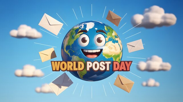 Happy cartoon earth surrounded by letters and clouds celebrating world post day - Powered by Adobe