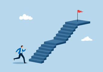 Businessman running up stairway to the top red flags. Business growth and the path to success in flat design vector illustration.