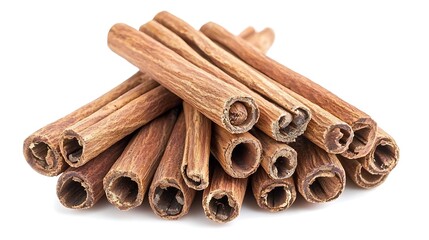bundle of cinnamon sticks tightly grouped on white background, detailed close-up showing bark texture and warm brown hues, taken with mirrorless camera and 50mm lens