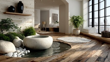 Modern Zen-style living room with water feature