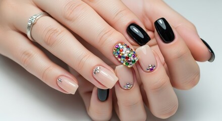 Elegant black and nude manicure with colorful rhinestones and crystal nail art