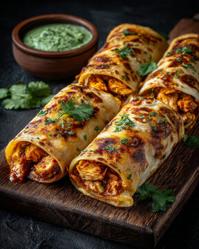 Four Indian-style stuffed flour tortilla rolls on a wooden board, filled with chicken in a red sauce and coriander leaves, with a green chutney beside them, on a white tablecloth background.