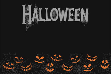 Black background featuring glowing jack-o'-lanterns and bold Halloween text, ideal for party invitations and festive designs.