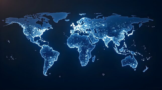 Illuminated World Map at Night, Blue Light, Global View.