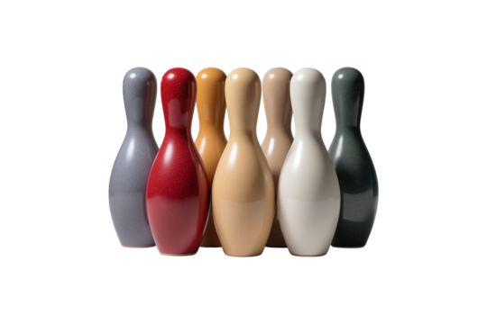 Seven colorful bowling pins in a row
