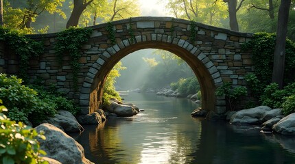 Serene Stone Arch Bridge over Calm River in Lush Green Forest