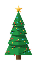 Illustration of Green Christmas Tree with Golden Star and Colorful Lights