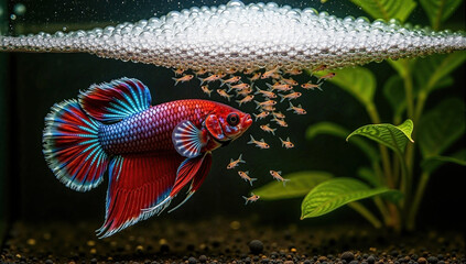 betta fish with fry, betta fish bubble nest, siamese fighting fish breeding, betta fish father care