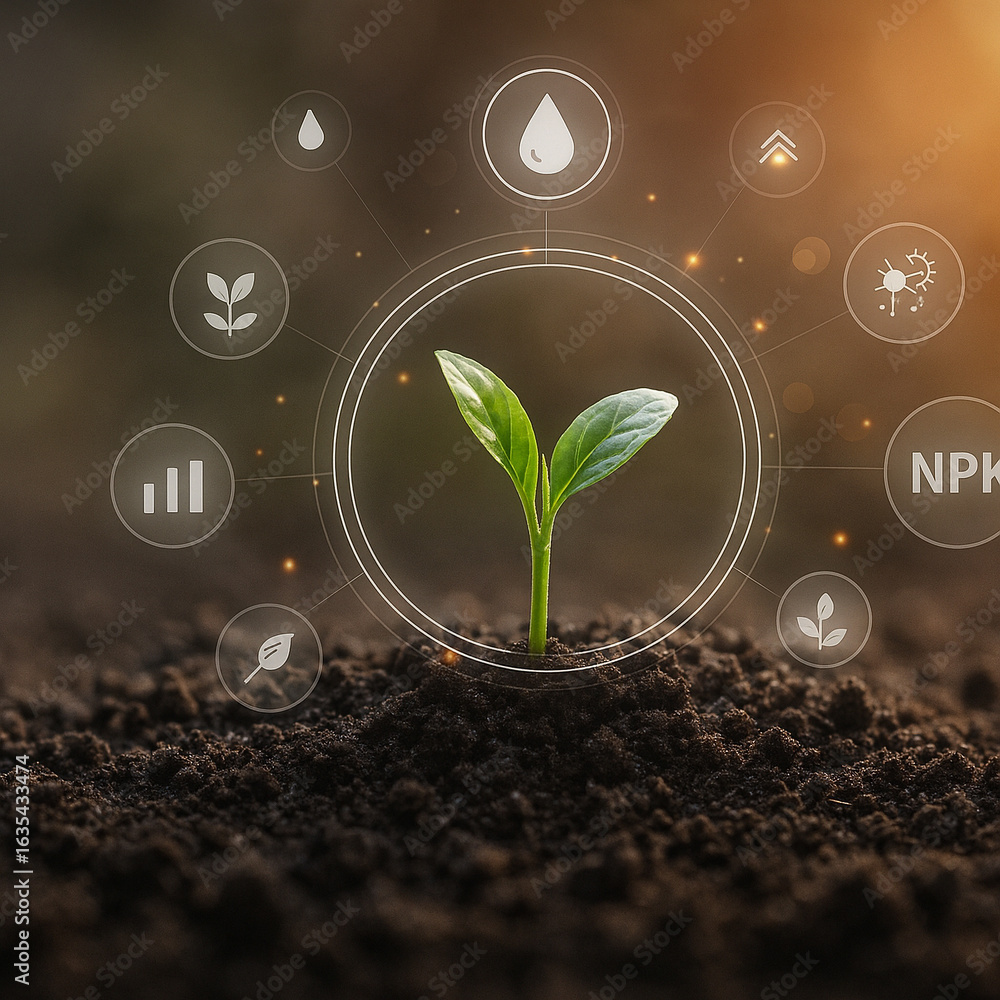 Poster ai generated ultra realistic image of a young seedling growing from rich soil surrounded by glowing 
