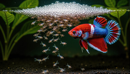 betta fish with fry, betta fish bubble nest, siamese fighting fish breeding, betta fish father care