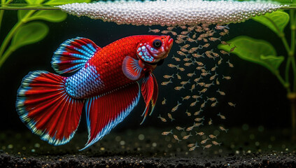 betta fish with fry, betta fish bubble nest, siamese fighting fish breeding, betta fish father care