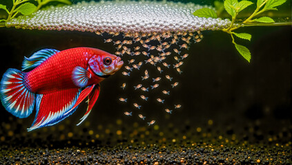 betta fish with fry, betta fish bubble nest, siamese fighting fish breeding, betta fish father care
