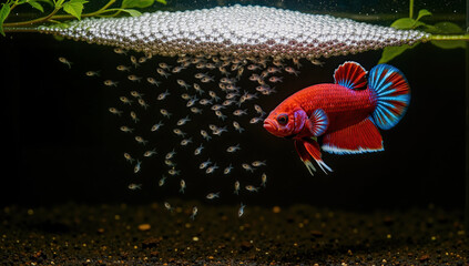 betta fish with fry, betta fish bubble nest, siamese fighting fish breeding, betta fish father care