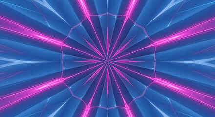 A vibrant, symmetrical kaleidoscope pattern with glowing pink neon lines over a textured blue background.