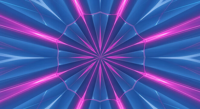 A vibrant, symmetrical kaleidoscope pattern with glowing pink neon lines over a textured blue background.
