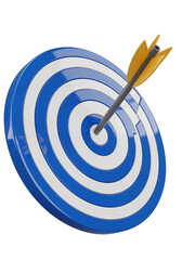 Photo of an arrow hits the center of a blue and white target demonstrating achievement and success in business