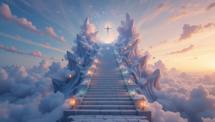 A stairway to heaven leads through the clouds towards a cross in the sky