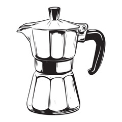 Black and white illustration of a moka pot coffee maker stovetop espresso maker Italian coffee maker 
