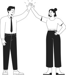 Businessman and businesswoman giving high five, celebrating success, teamwork achievement, office collaboration, positive energy, goal completion, flat vector illustration