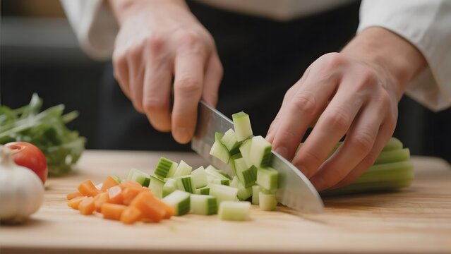 Chef slicing cucumbers and carrots on a wooden cutting board