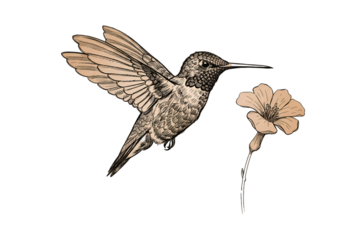 Elegant Hummingbird and Flower Illustration in Gold Color Isolated On Black Background