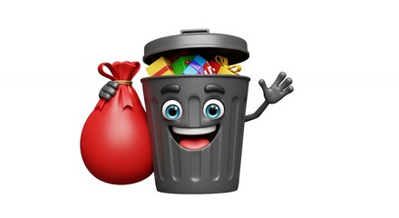 Cartoon trash can with garbage bag