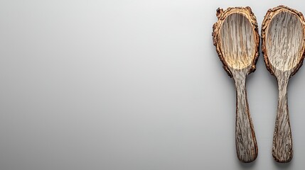 Wooden spoon and fork set side by side on white background taken with 50mm lens, simple layout using natural wood grain visible with even soft shadows and smooth textures