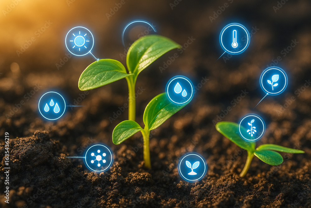 Poster ai generated ultra realistic seedling growing in fertile soil with glowing data icons showing moistu