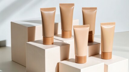 Obraz premium Cosmetic tubes arranged on geometric boxes in a minimalist setting.