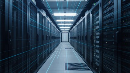 Illuminated server room hallway with rows of server racks and blue data streams in a symmetrical view